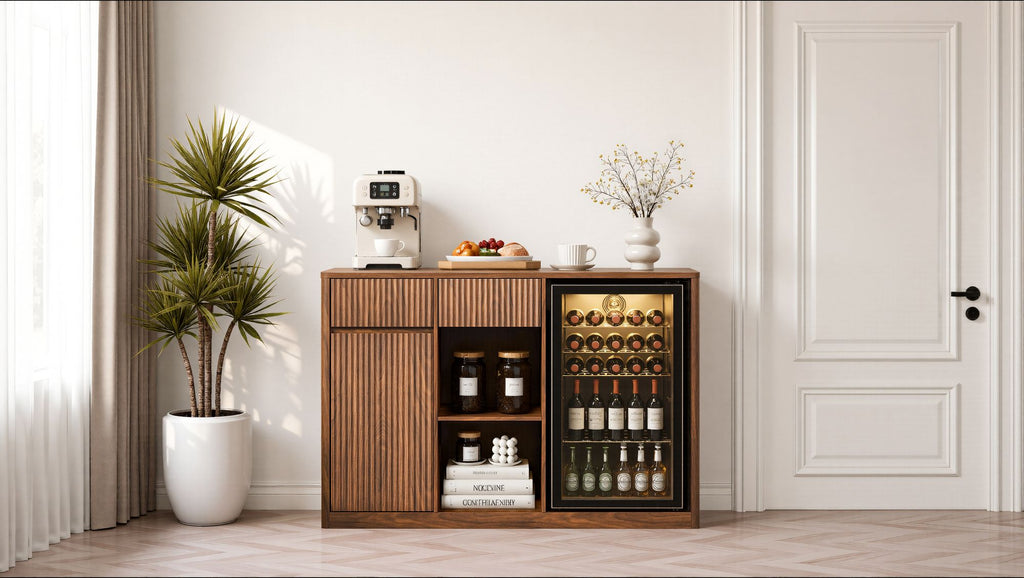 Modern Fluted Bar Cabinet with Refrigerator Nook