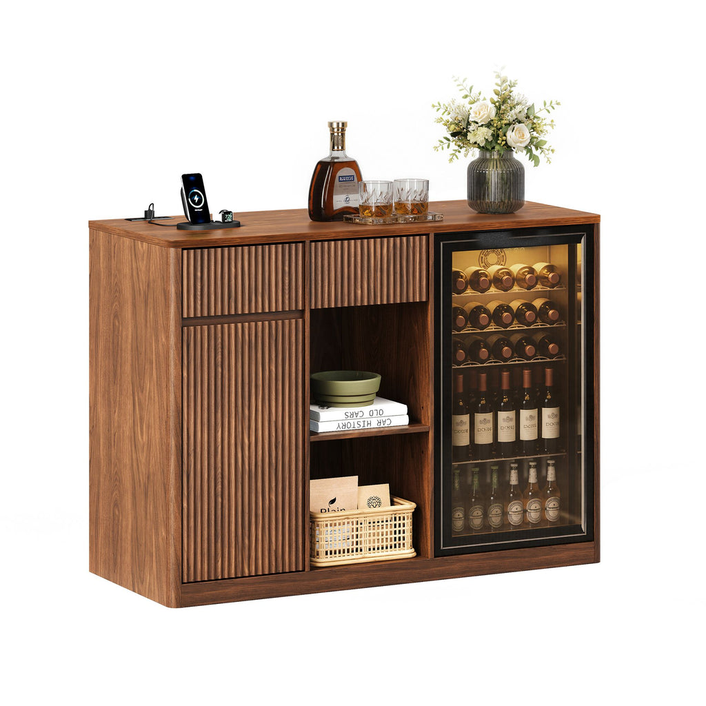 Modern Fluted Bar Cabinet with Refrigerator Nook