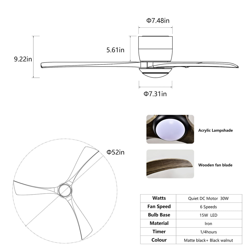 Modern Flush-Mount Ceiling Fan with Light and Remote