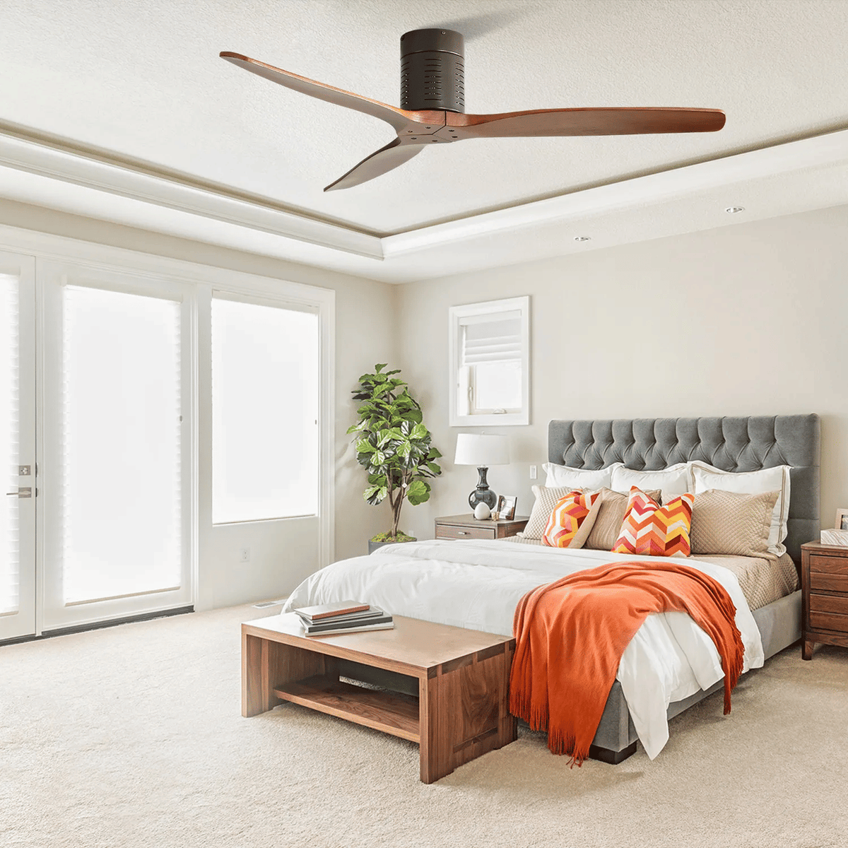 Low-Profile Walnut Ceiling Fan with Remote