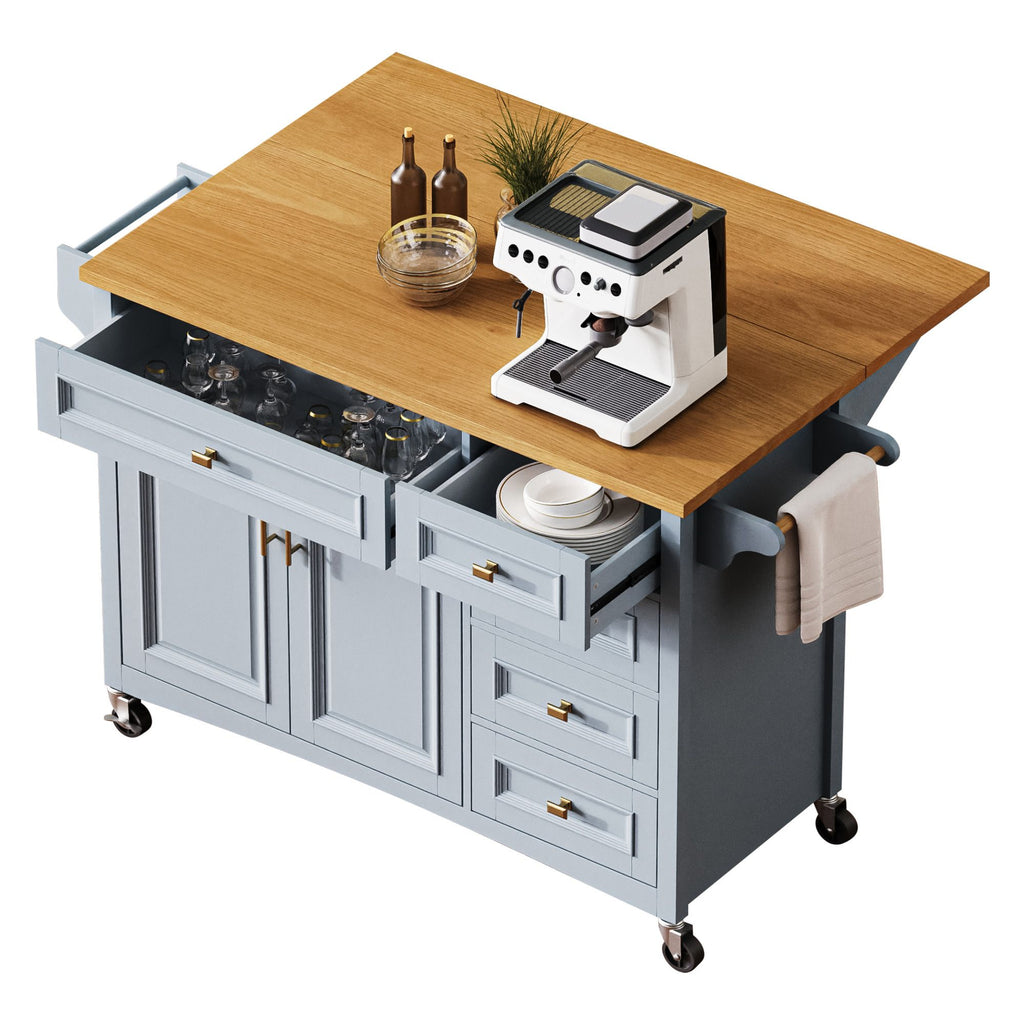 Retro Kitchen Island with Drop Leaf and Spacious Storage