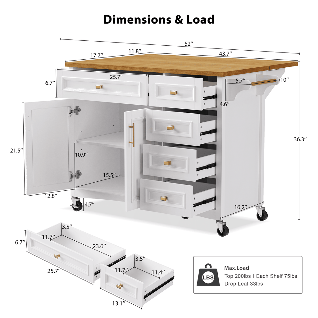 Retro Kitchen Island with Drop Leaf and Spacious Storage