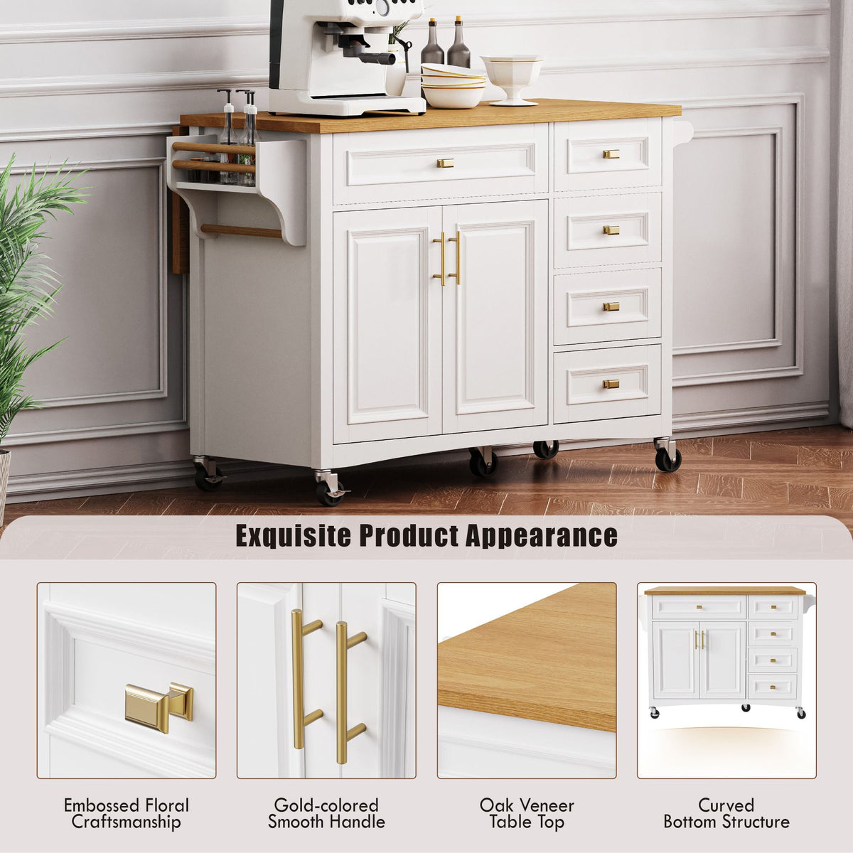 Retro Kitchen Island with Drop Leaf and Spacious Storage