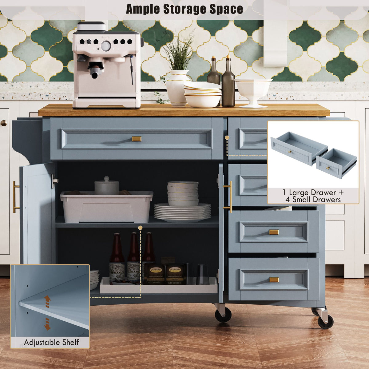 Retro Kitchen Island with Drop Leaf and Spacious Storage