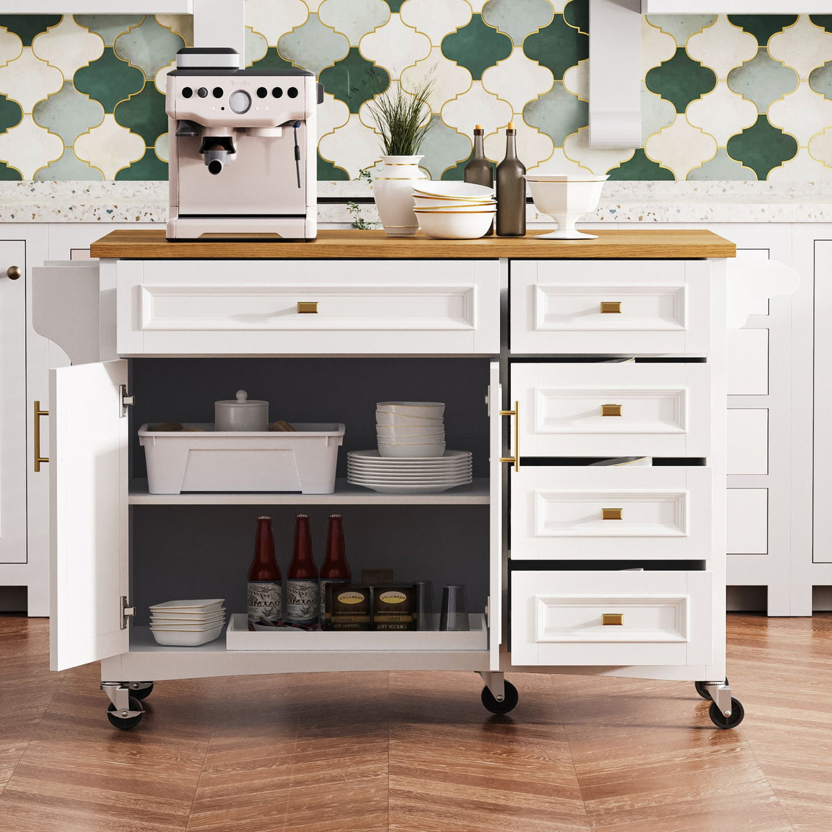 Retro Kitchen Island with Drop Leaf and Spacious Storage