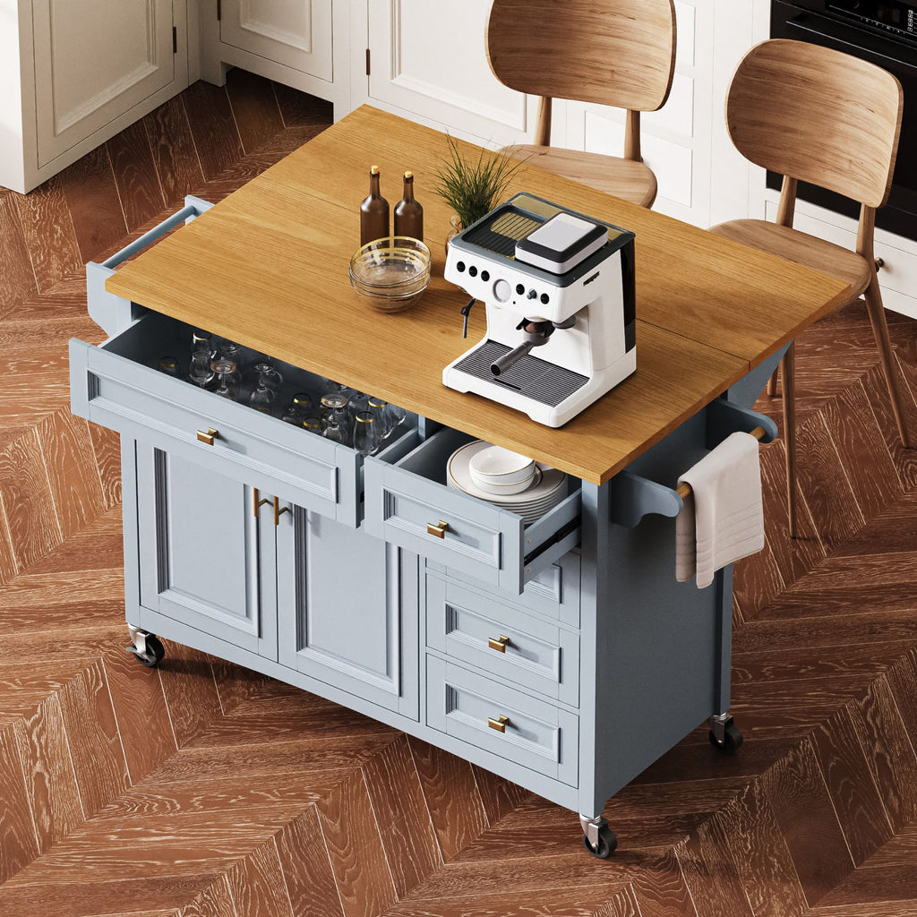 Retro Kitchen Island with Drop Leaf and Spacious Storage