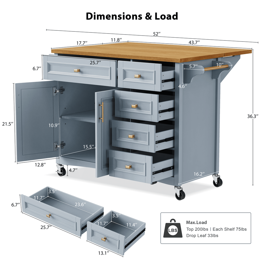 Retro Kitchen Island with Drop Leaf and Spacious Storage