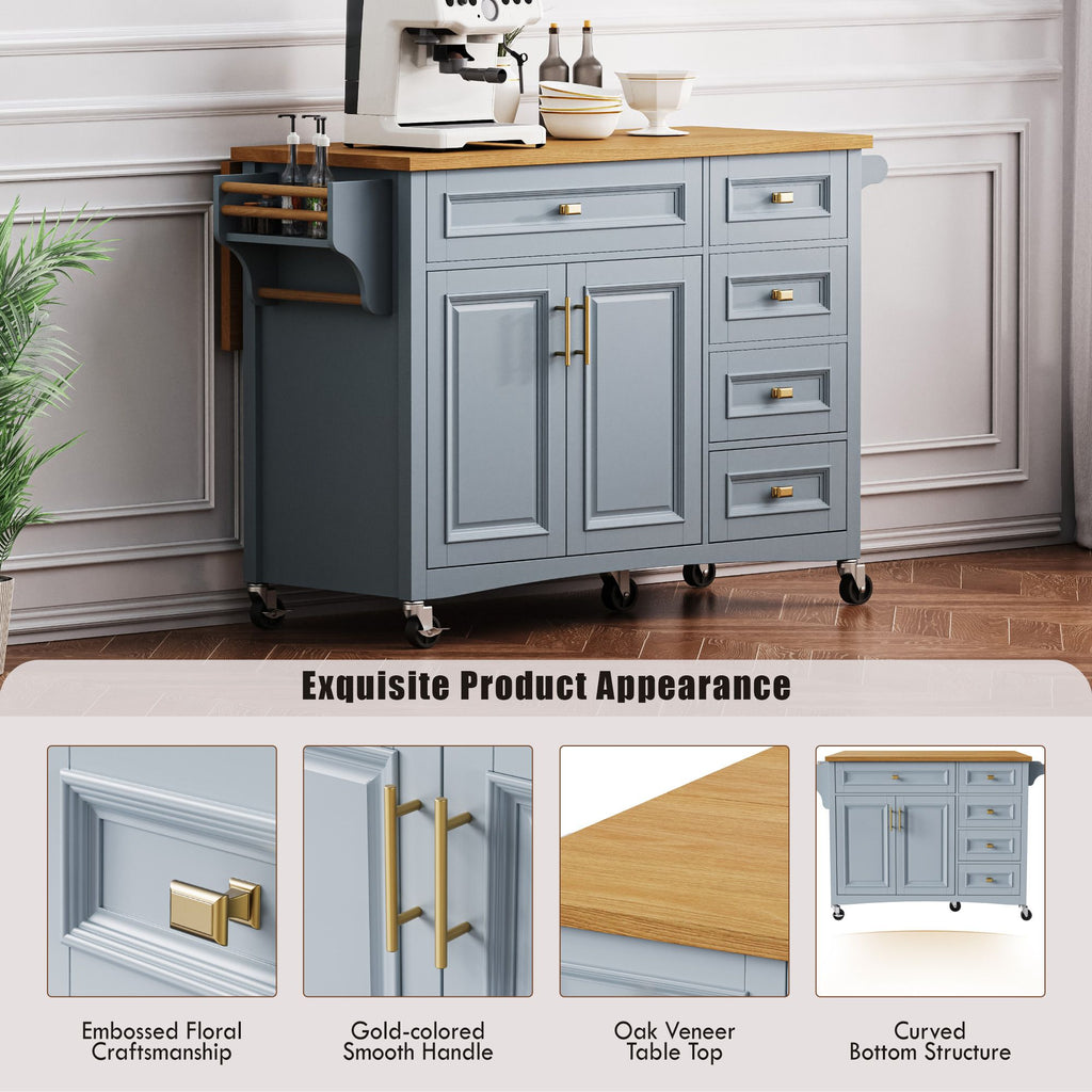 Retro Kitchen Island with Drop Leaf and Spacious Storage