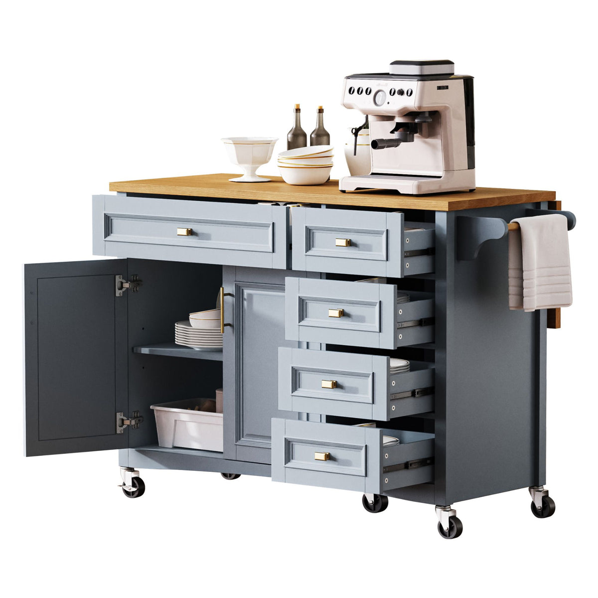 Retro Kitchen Island with Drop Leaf and Spacious Storage