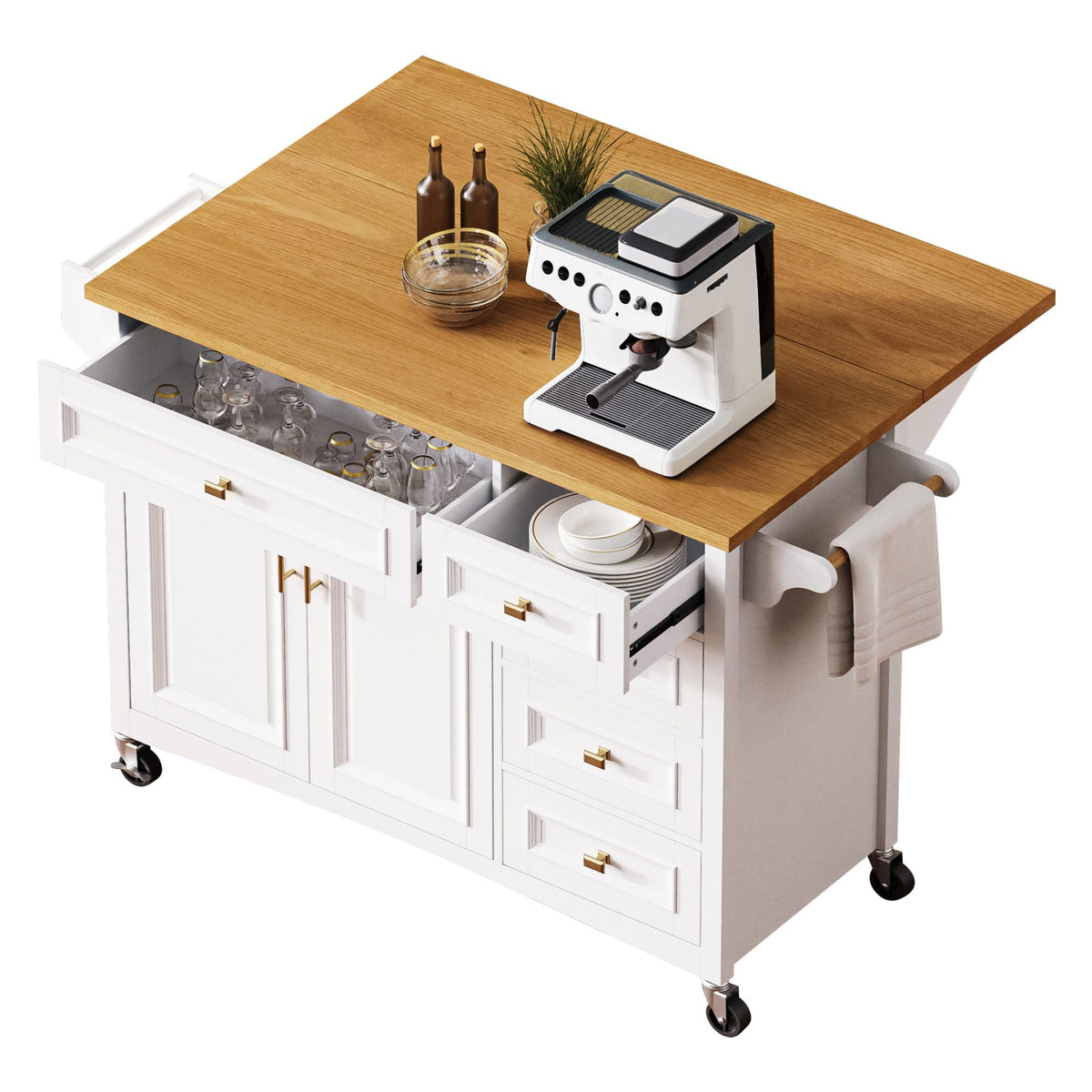 Retro Kitchen Island with Drop Leaf and Spacious Storage