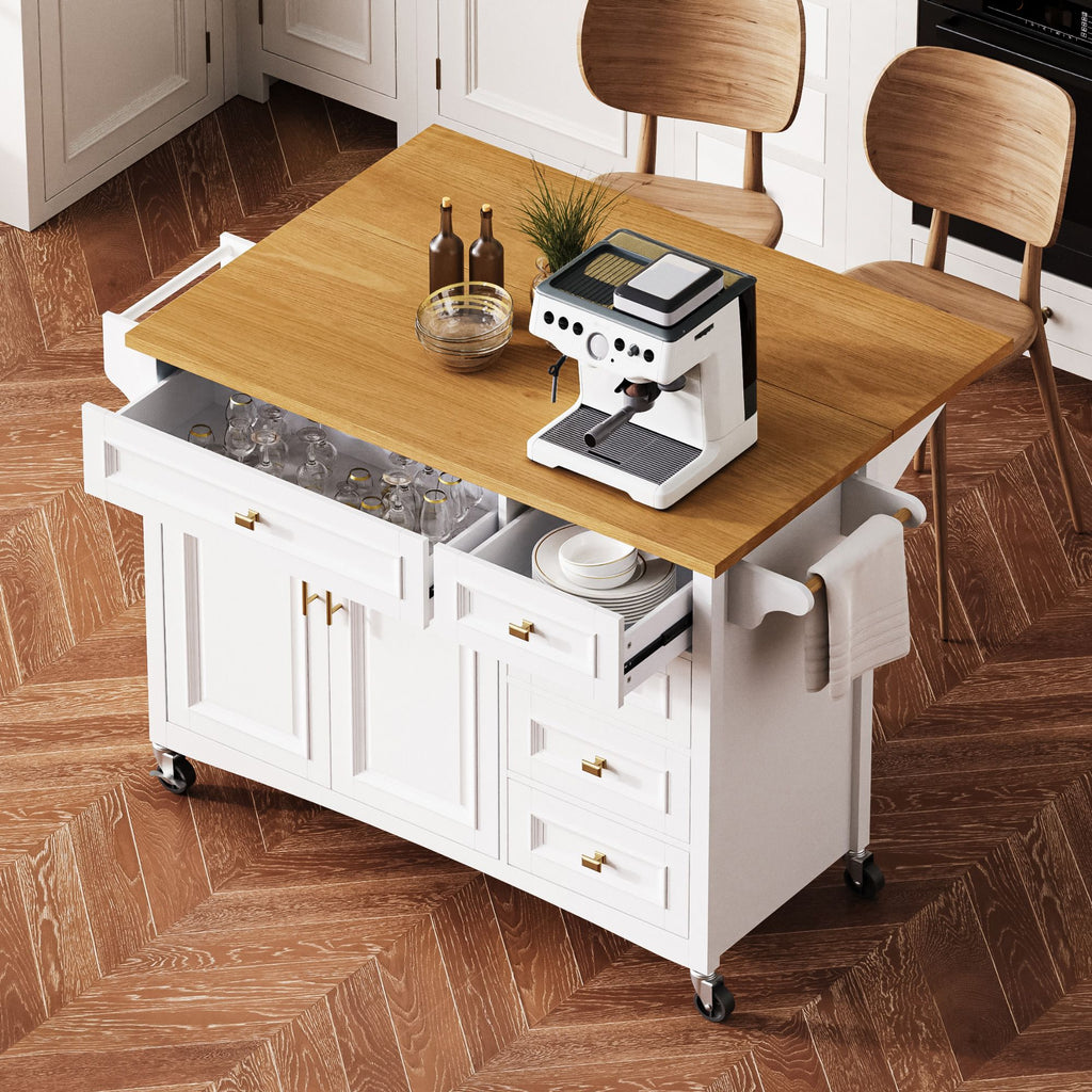 Retro Kitchen Island with Drop Leaf and Spacious Storage