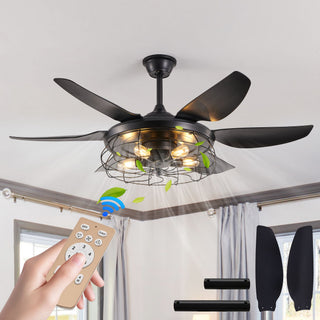 Modern Black Ceiling Fan with Industrial Cage Light