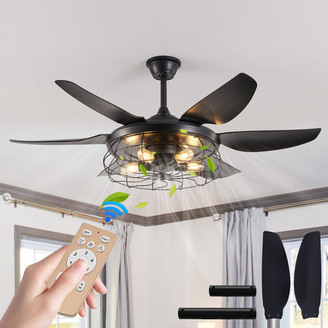 Modern Black Ceiling Fan with Industrial Cage Light