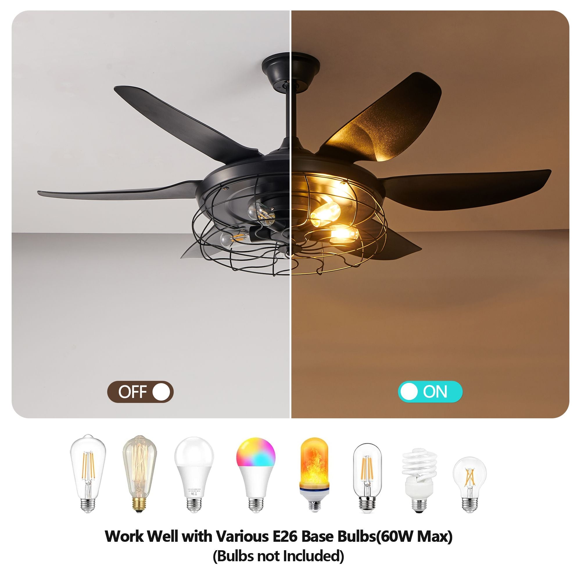 Modern Black Ceiling Fan with Industrial Cage Light