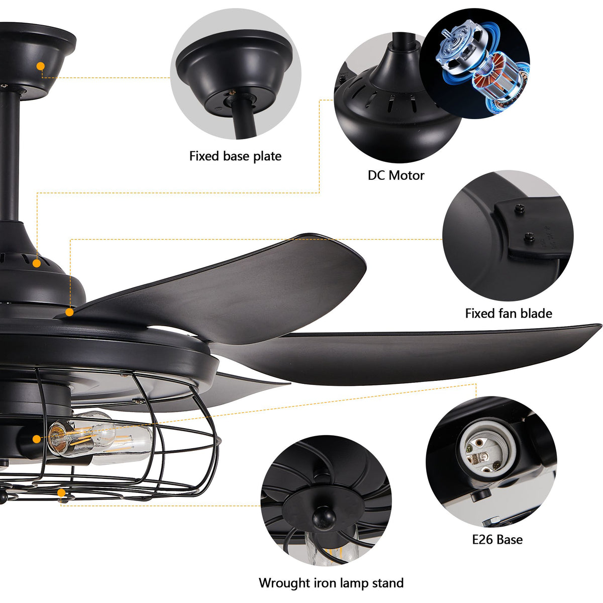 Modern Black Ceiling Fan with Industrial Cage Light