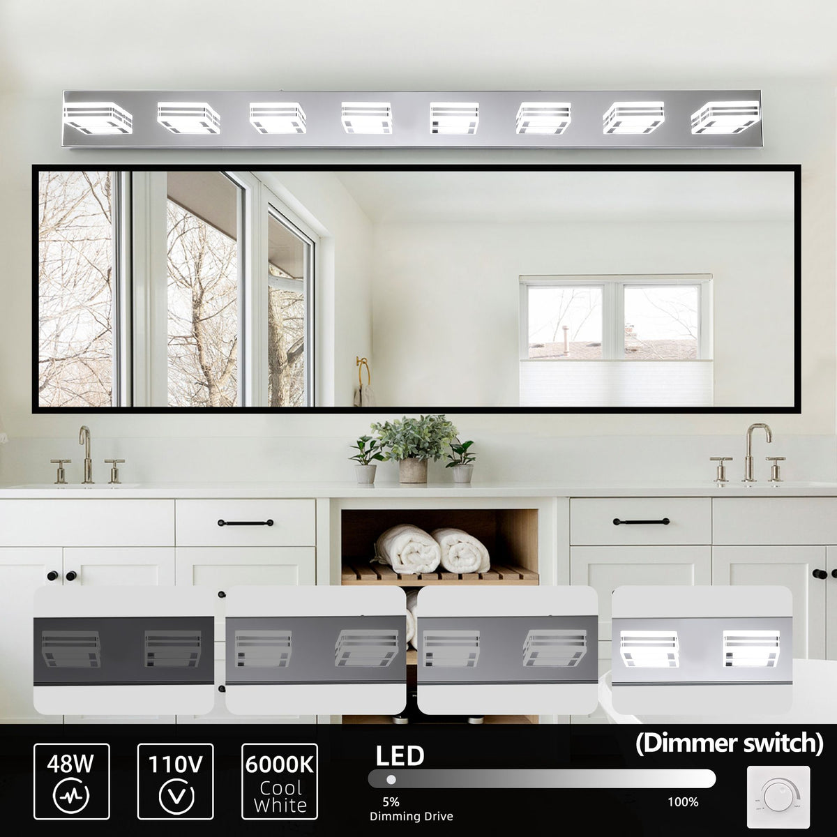 Modern Chrome Eight-Light Dimmable LED Vanity Fixture