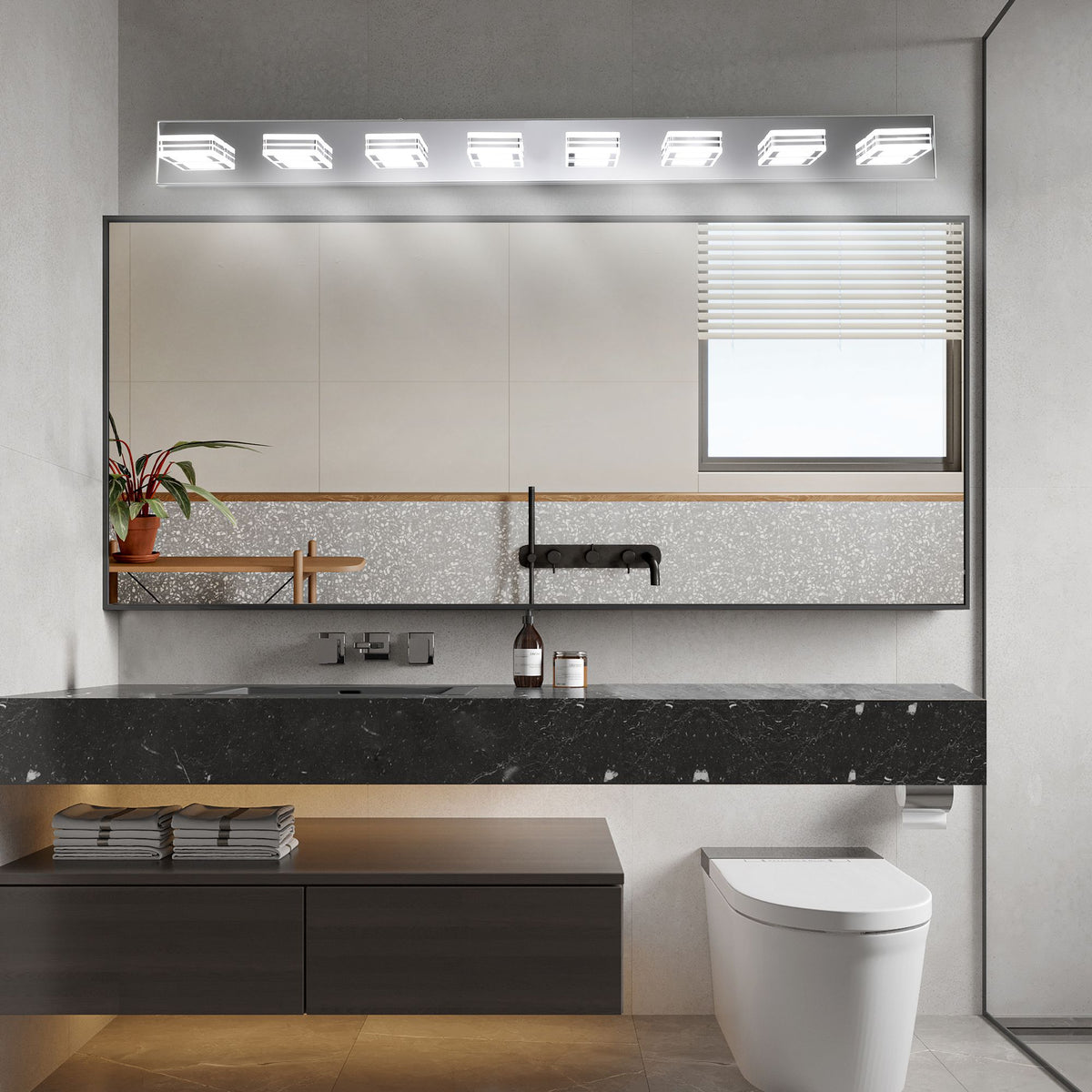 Modern Chrome Eight-Light Dimmable LED Vanity Fixture