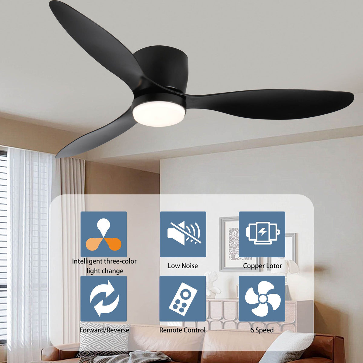 Smart Low-Profile Ceiling Fan with Color-Changing Light