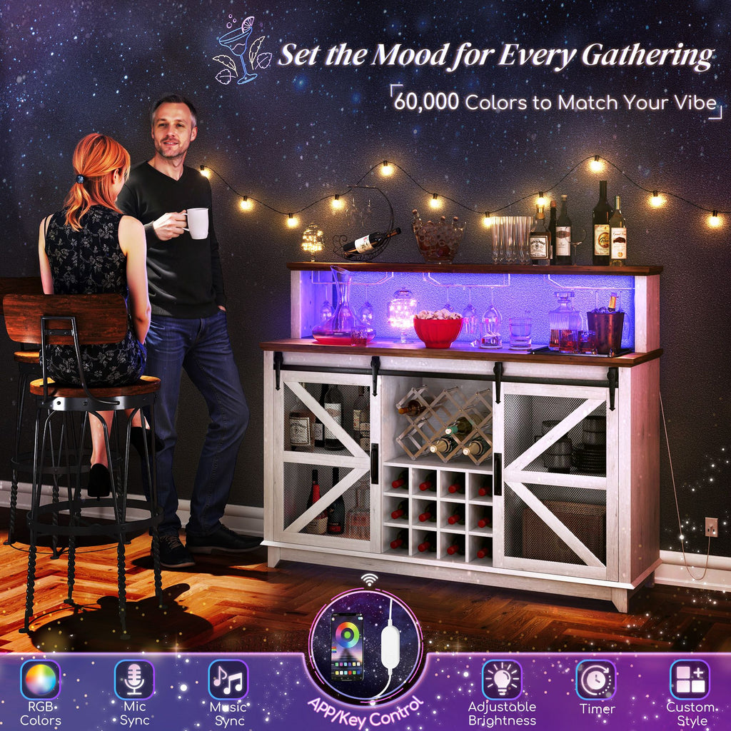 55" LED Farmhouse Wine Bar Cabinet with App-Controlled Lights and Barn Doors