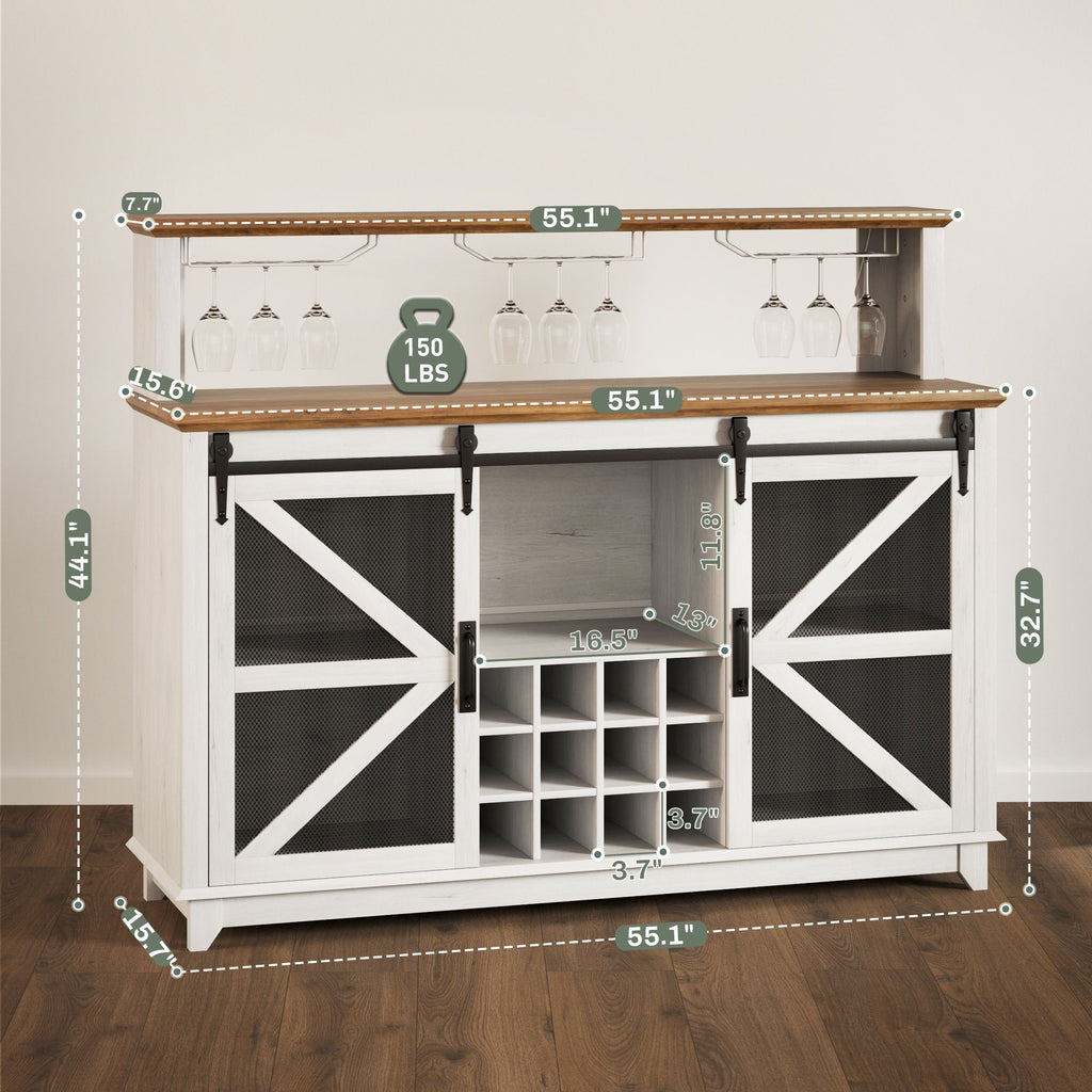 55" LED Farmhouse Wine Bar Cabinet with App-Controlled Lights and Barn Doors