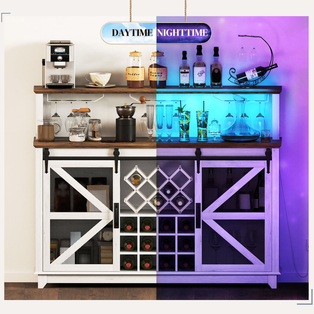 55" LED Farmhouse Wine Bar Cabinet with App-Controlled Lights and Barn Doors