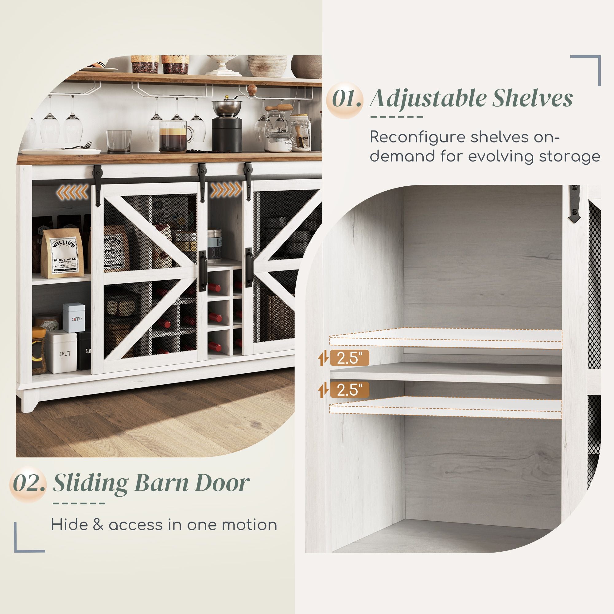 55" LED Farmhouse Wine Bar Cabinet with App-Controlled Lights and Barn Doors
