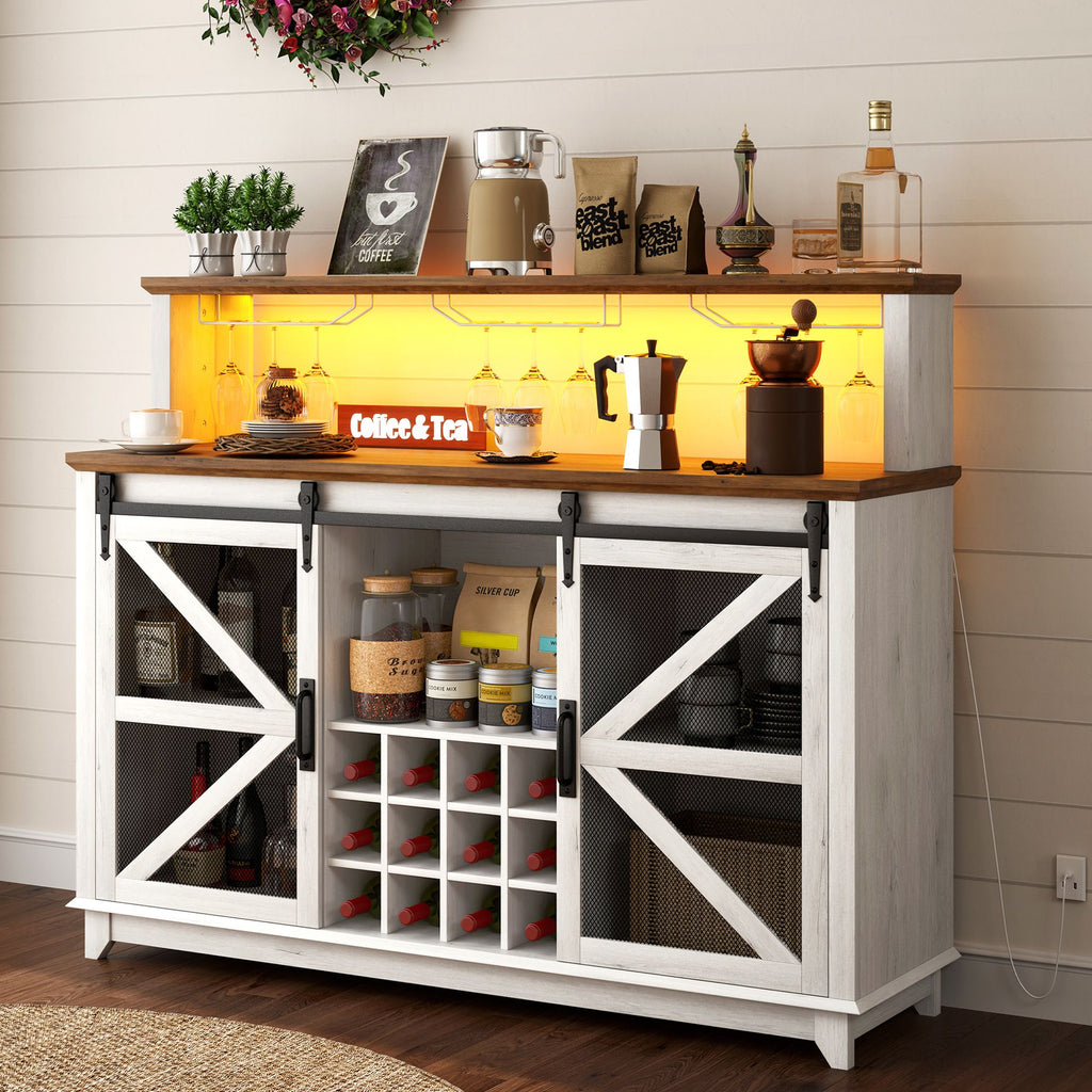 55" LED Farmhouse Wine Bar Cabinet with App-Controlled Lights and Barn Doors