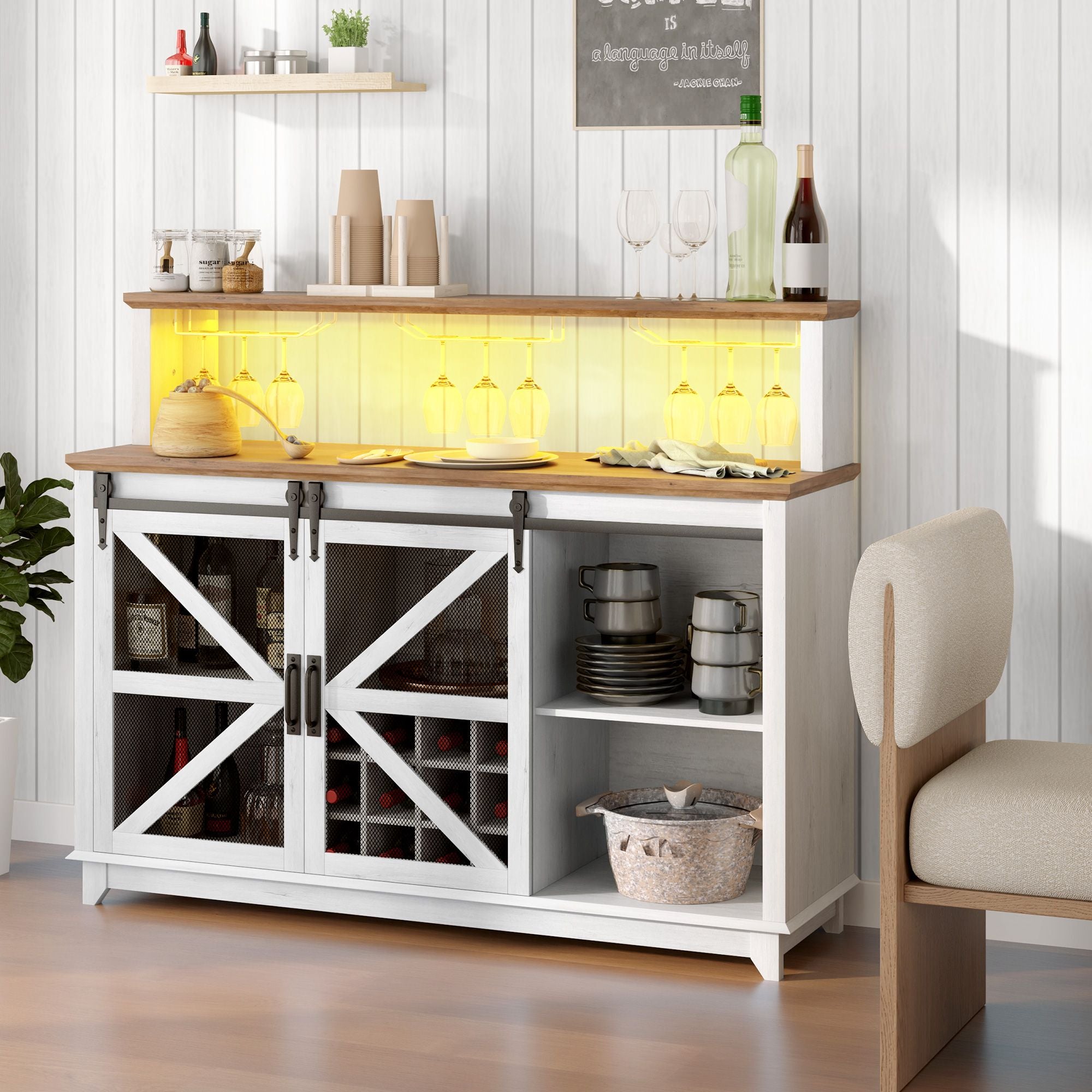 55" LED Farmhouse Wine Bar Cabinet with App-Controlled Lights and Barn Doors