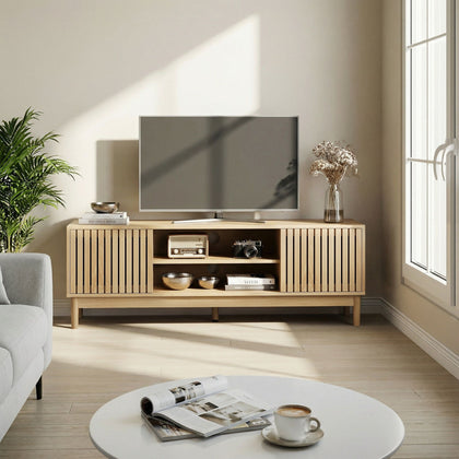 Oak-Tone Slatted Media Console with Storage