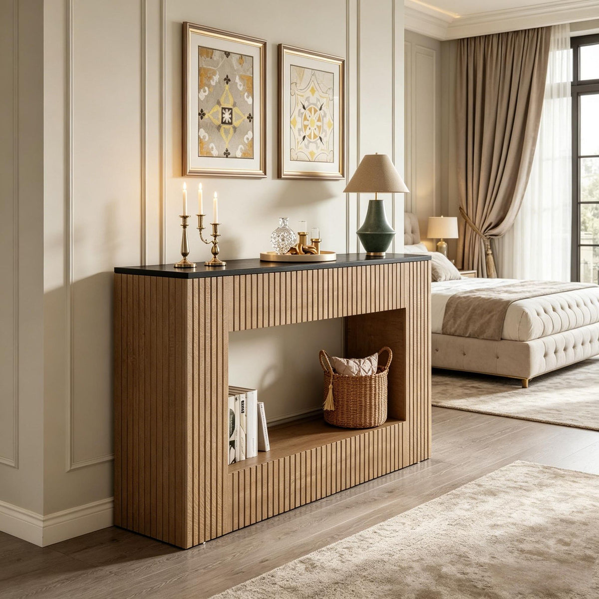 Modern Fluted Console Table with Lower Shelf