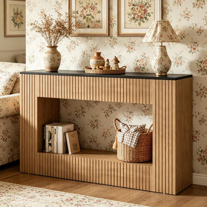 Modern Fluted Console Table with Lower Shelf