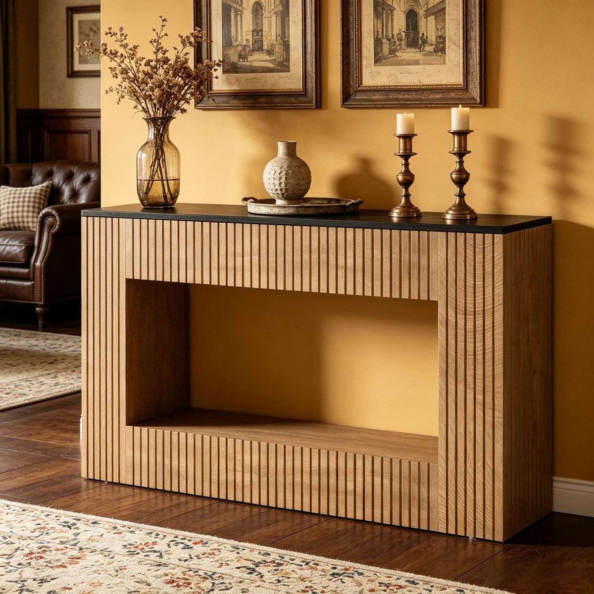 Modern Fluted Console Table with Lower Shelf