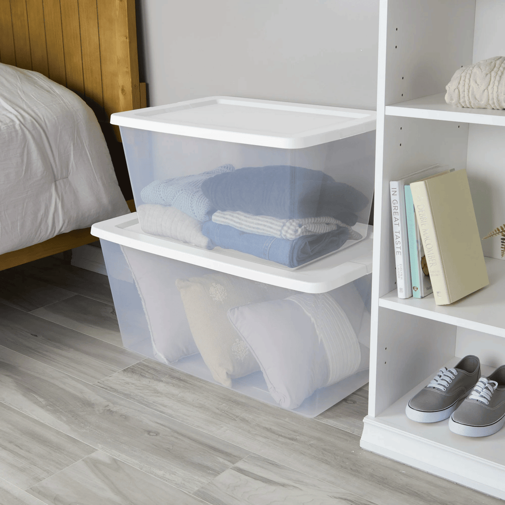 58 Quart Storage Box, Clear Plastic Storage Bin with Snap-on Lid, White