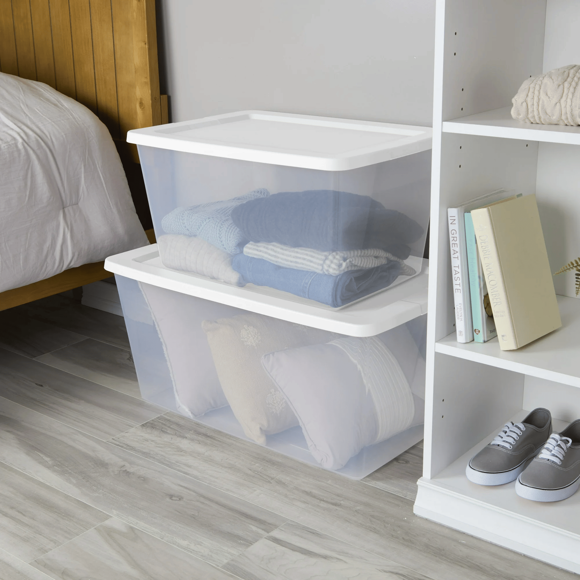 58 Quart Storage Box, Clear Plastic Storage Bin with Snap-on Lid, White
