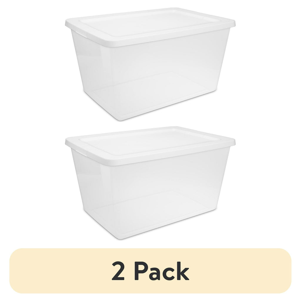 58 Quart Storage Box, Clear Plastic Storage Bin with Snap-on Lid, White - 2 Pack
