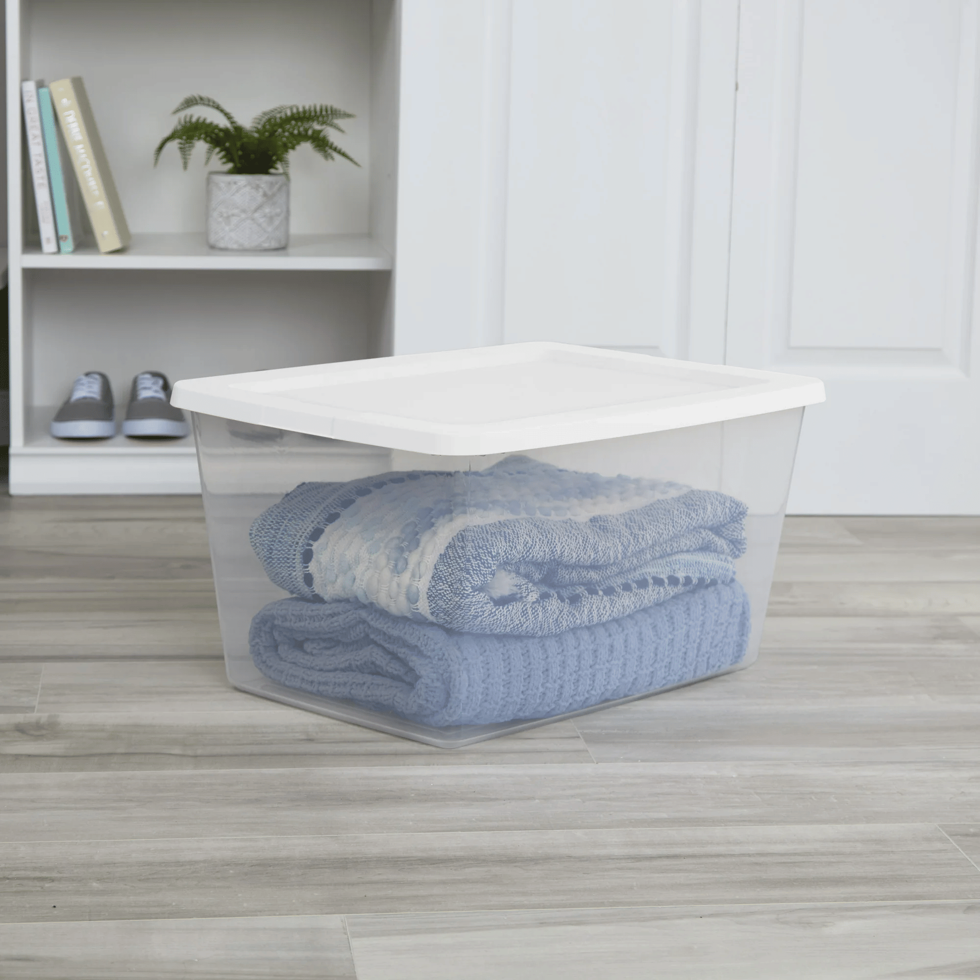 58 Quart Storage Box, Clear Plastic Storage Bin with Snap-on Lid, White