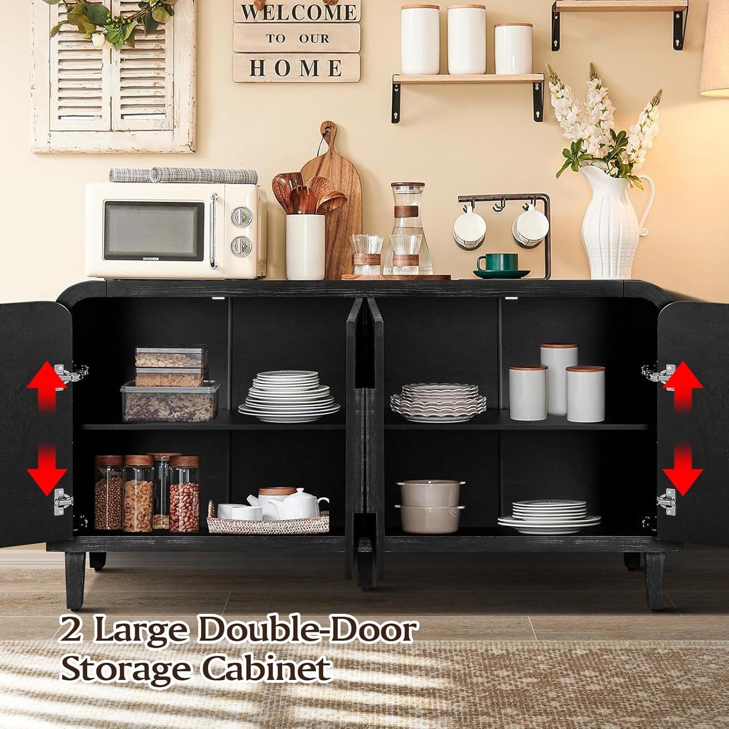 Vintage Four-Door Storage Cabinet with Curved Arc Design and 180-Degree Hinges