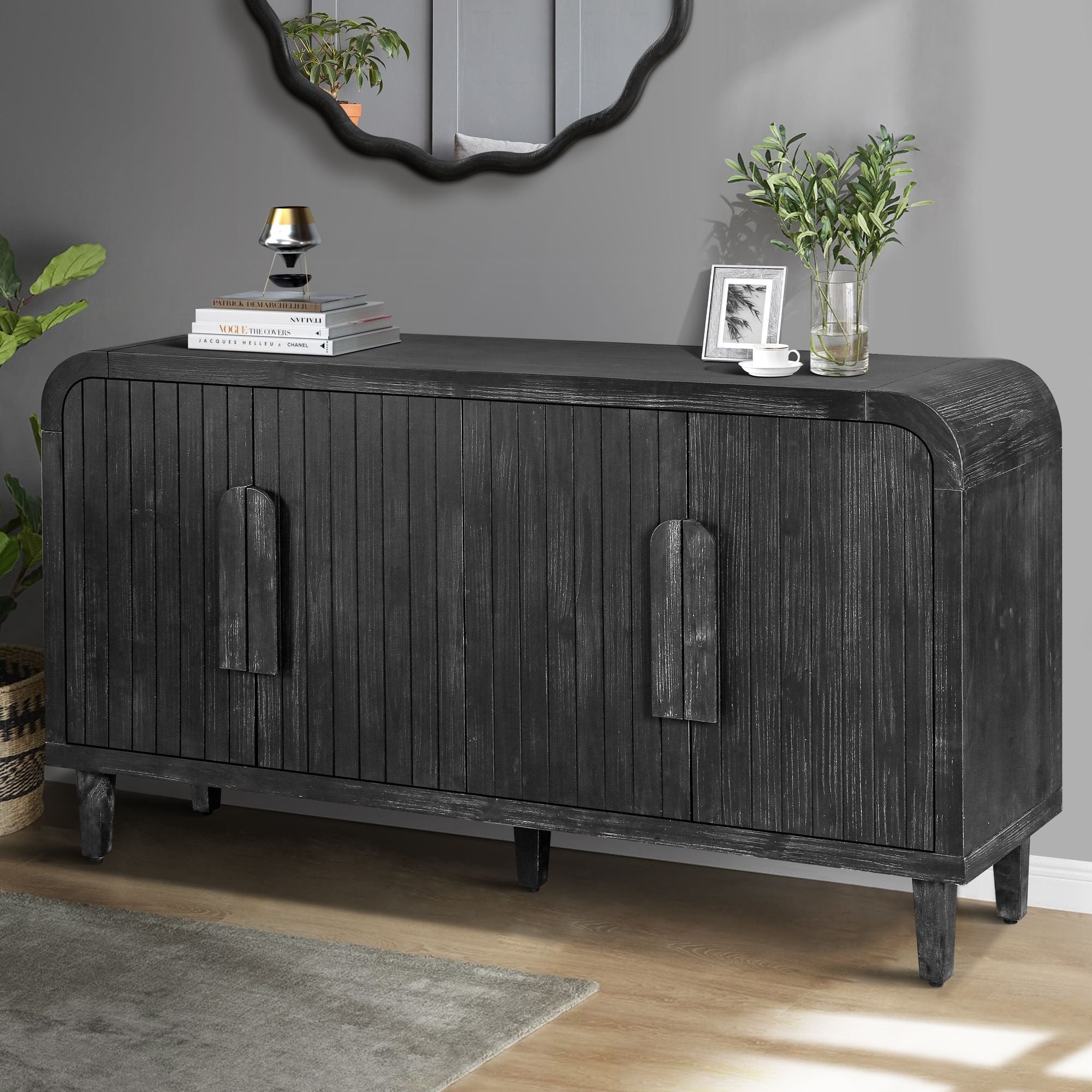 Vintage Four-Door Storage Cabinet with Curved Arc Design and 180-Degree Hinges