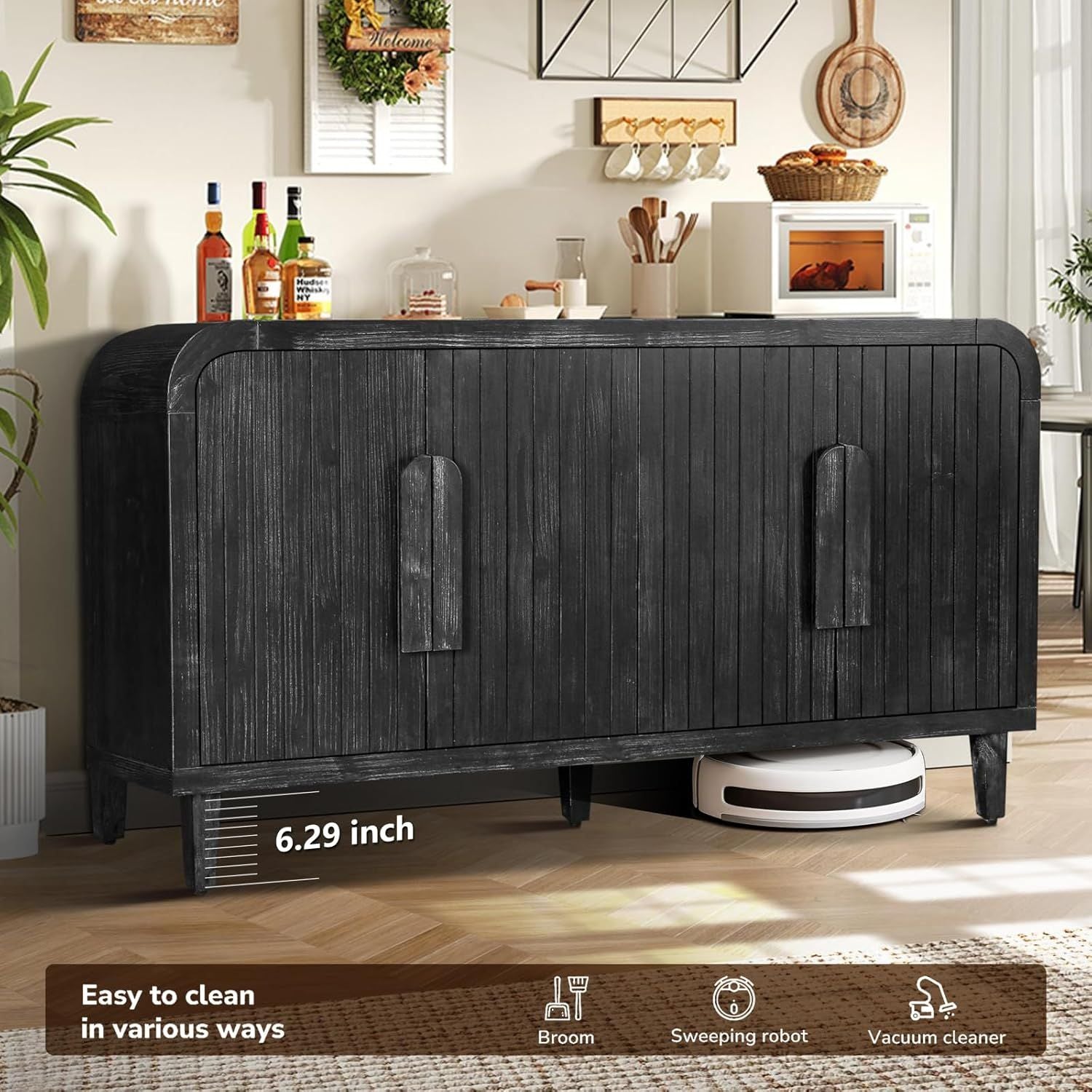 Vintage Four-Door Storage Cabinet with Curved Arc Design and 180-Degree Hinges