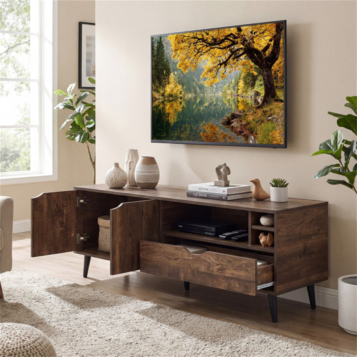 Rustic Media Console with Cabinet, Drawer, and Shelves