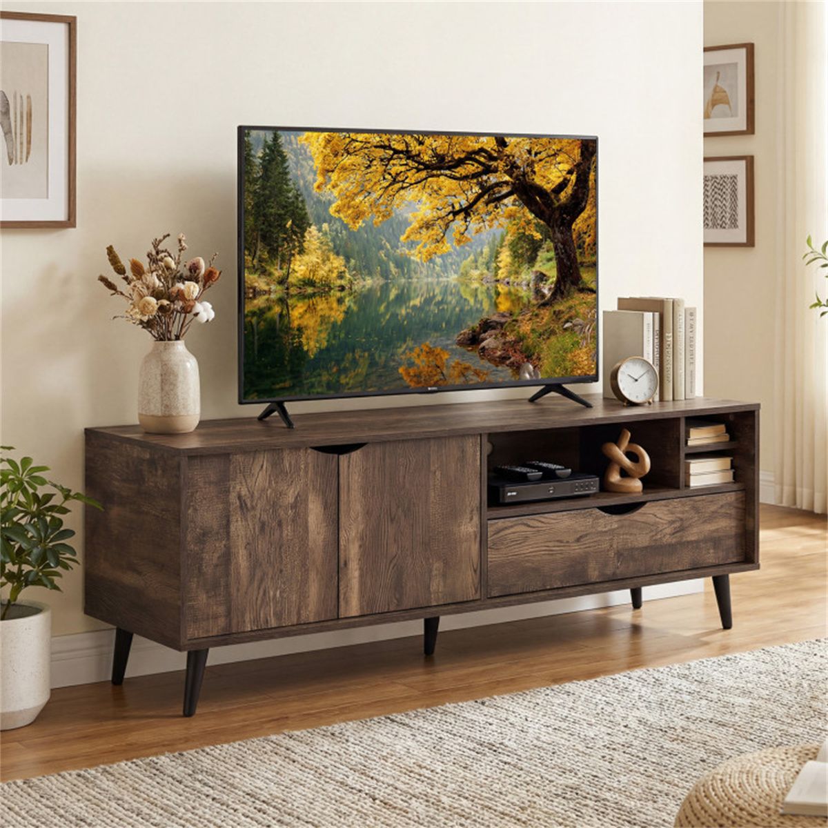 Rustic Media Console with Cabinet, Drawer, and Shelves