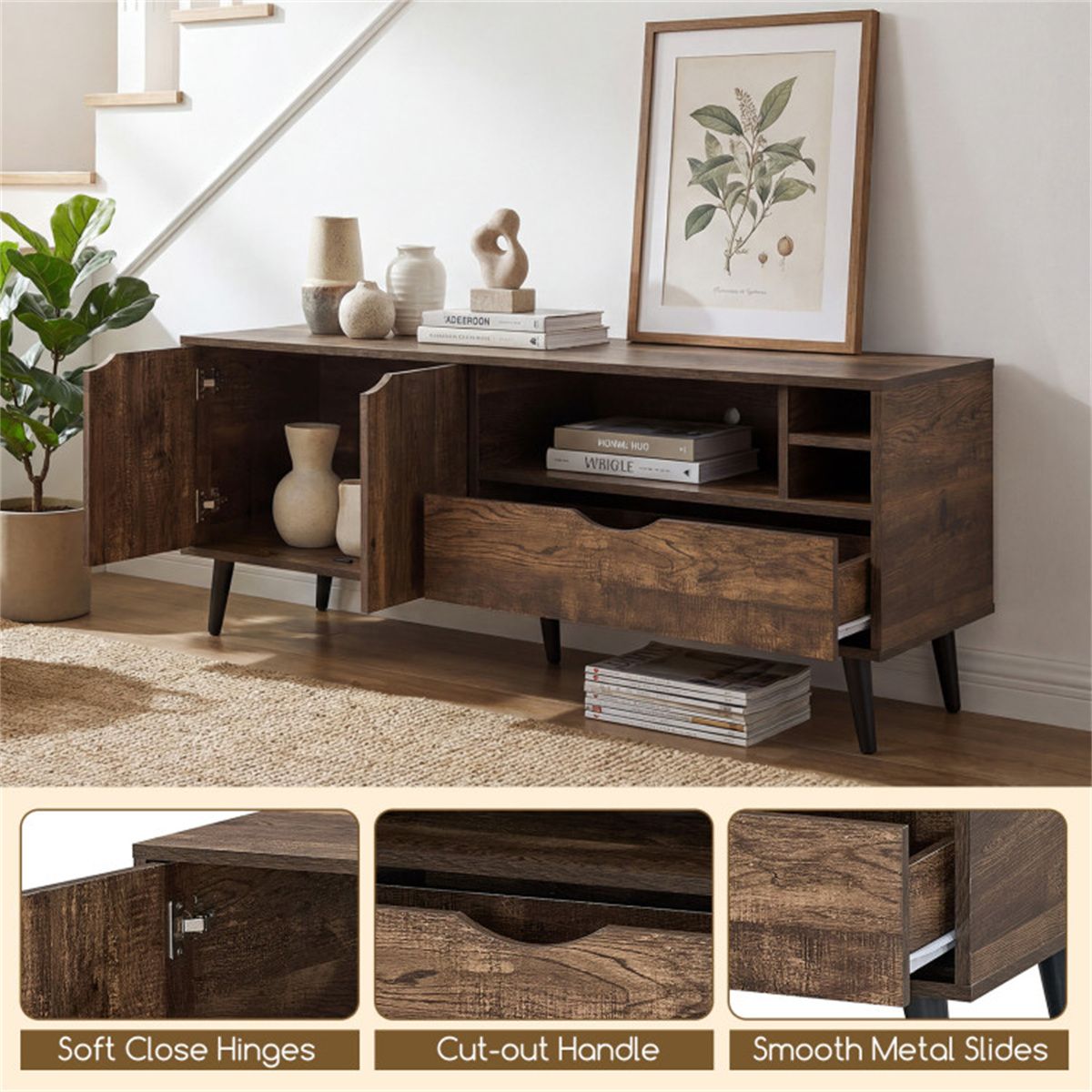 Rustic Media Console with Cabinet, Drawer, and Shelves