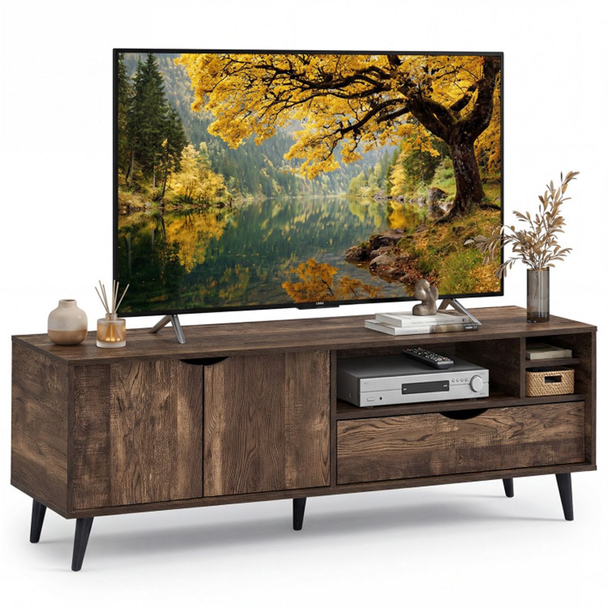 Rustic Media Console with Cabinet, Drawer, and Shelves