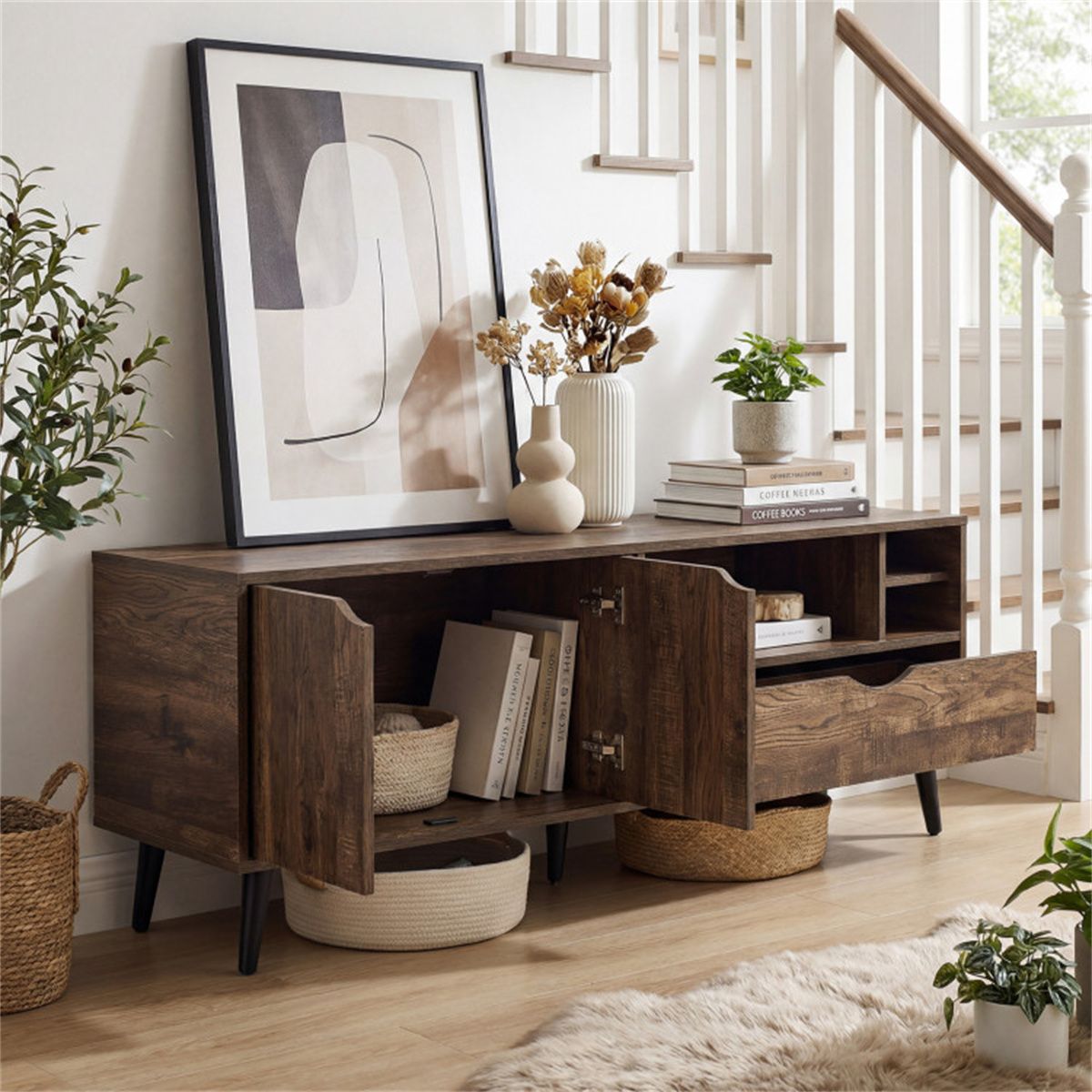 Rustic Media Console with Cabinet, Drawer, and Shelves