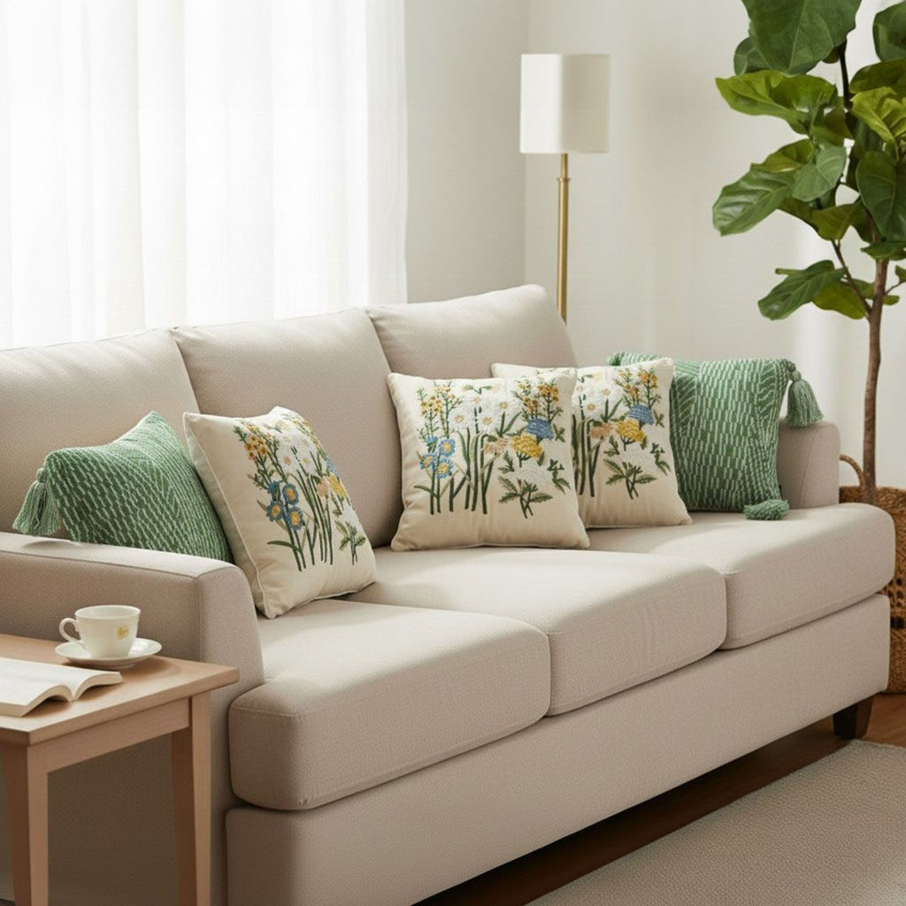 Sage Chevron and Botanical Pillow Cover Set