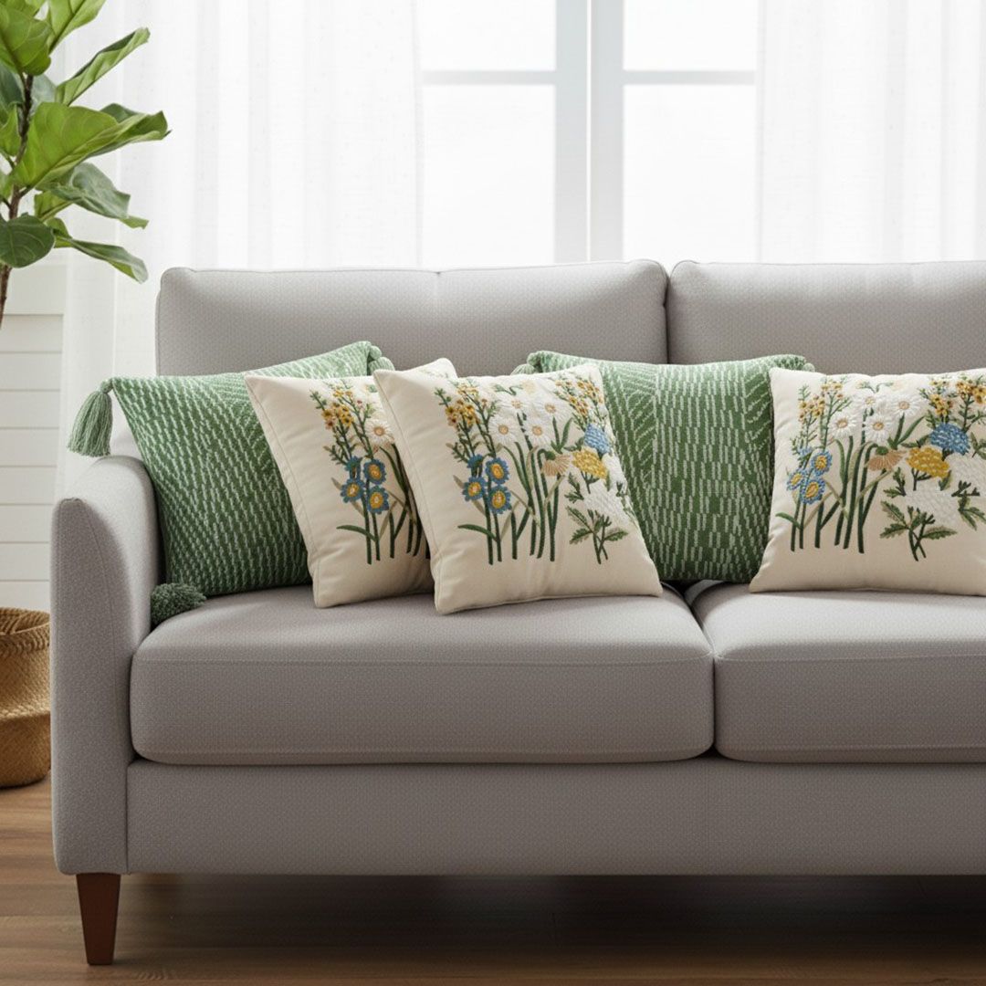 Sage Chevron and Botanical Pillow Cover Set