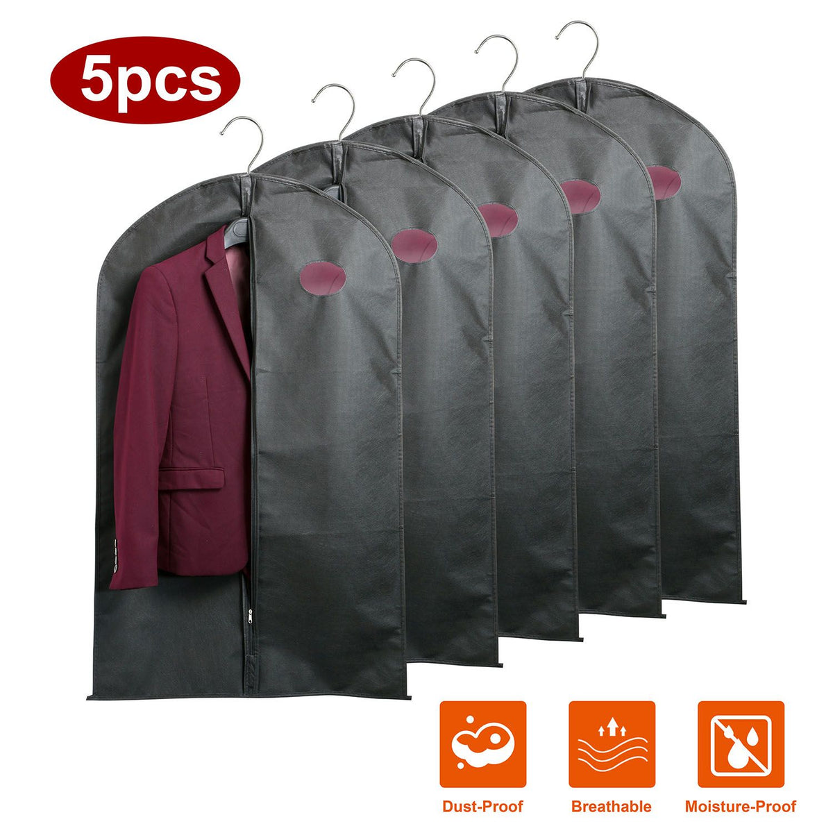 5-Pack 39- Garment Bags with Front Zipper and Transparent Window