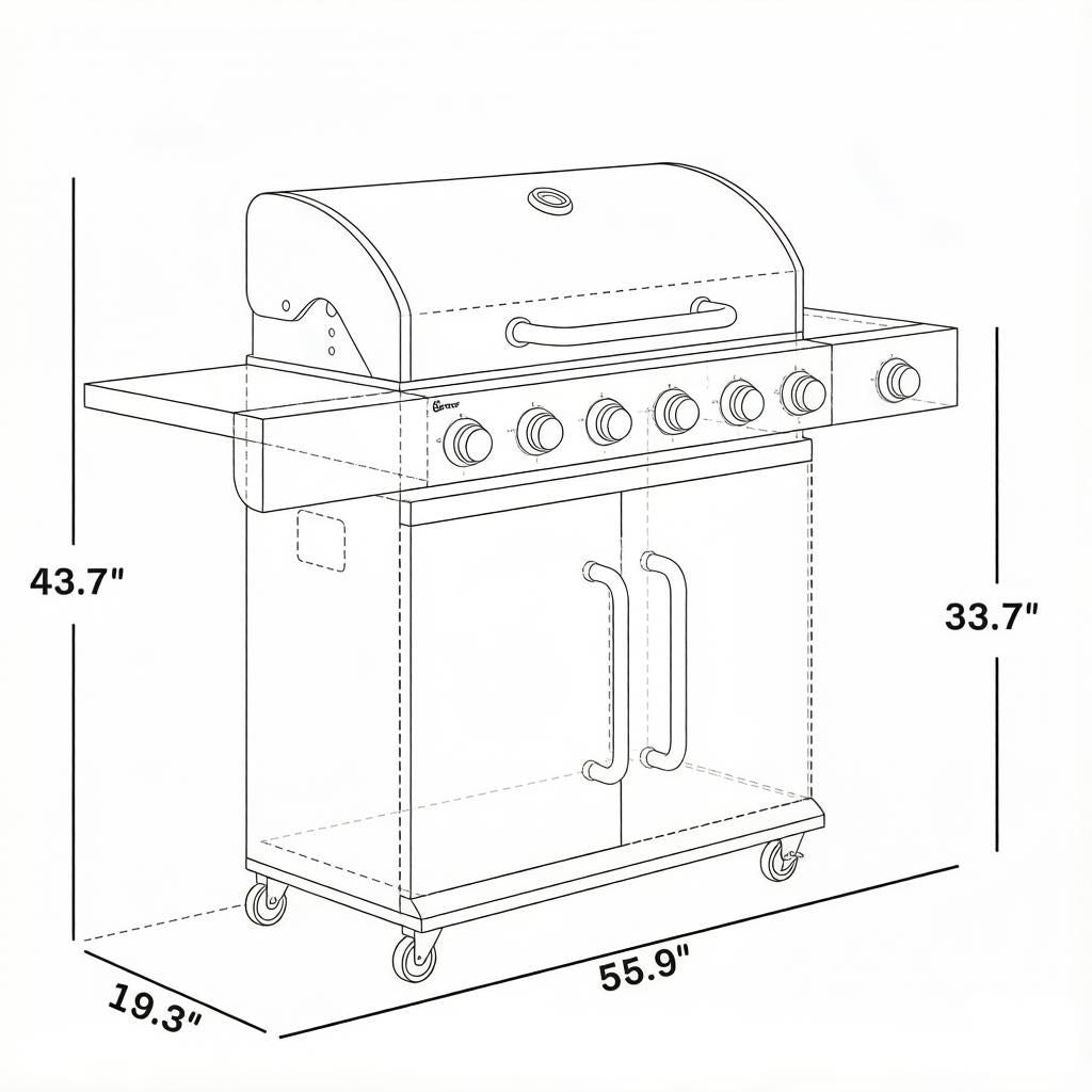 6 Burner Propane Gas Grill with Side Burner BBQ Grill Cast Iron Grates Wheels Side Tables