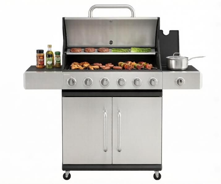 6 Burner Propane Gas Grill with Side Burner BBQ Grill Cast Iron Grates Wheels Side Tables