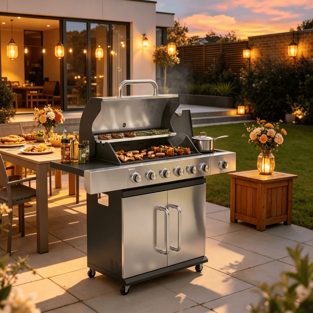 6 Burner Propane Gas Grill with Side Burner BBQ Grill Cast Iron Grates Wheels Side Tables